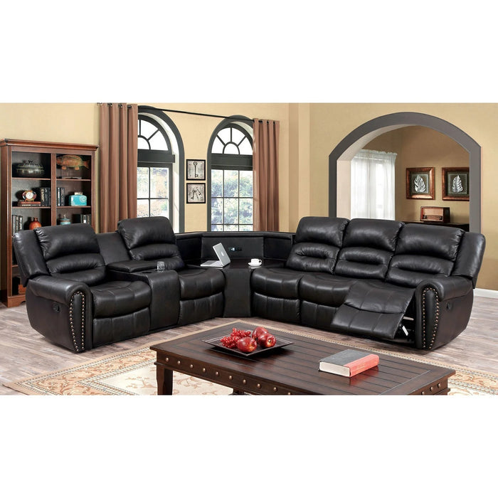 PU Leather Sectional Sofa Set, Reclining Couch for Living Room with Cup Holders, Love Seat with Wedge Wood Table, 5 Seater Theater Seating with Storage, Jet Black