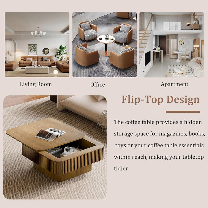 31.5 Inch Square Drum Coffee Table with Storage, Modern Handcraft Fluted Drum Coffee Table, Wooden Square Center Table Cocktail Tea Table with Sturdy Pedestal for Living Room Apartment (Brwon)