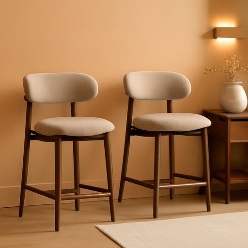 Bar Stools Set of 2, Counter Height Barstools with Back, Mid Century Modern Upholstered, with Wood Legs for Kitchen Island Dining Room, Camel