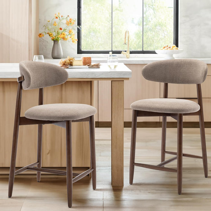 Bar Stools Set of 2, Counter Height Barstools with Back, Mid Century Modern Upholstered, with Wood Legs for Kitchen Island Dining Room, Camel