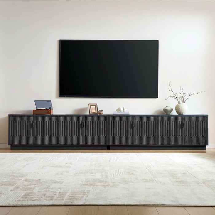 Farmhouse TV Stand for Television up to 75 Inches, 4 Fluted Doors Rustic Entertainment Center with Storage & Adjustable Shelves, Mid Century Modern Wood TV Consoles for Living Room Bedroom, Black