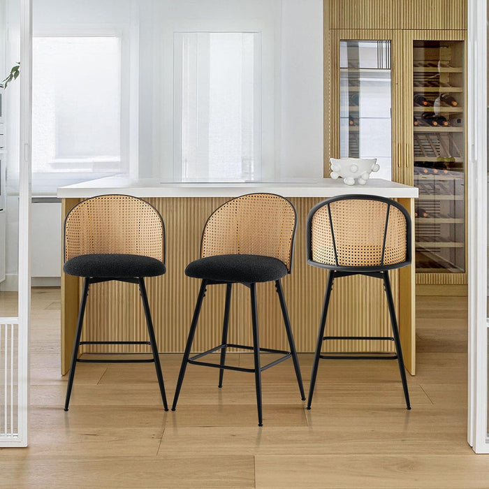Swivel Counter Height Bar Stools Set of 3, Mid Century Modern 26" Bar Chairs with Rattan Back & Metal Legs, Upholstered Boucle Fabric Barstools Island Stools for Kitchen Counter Home Bar,Black