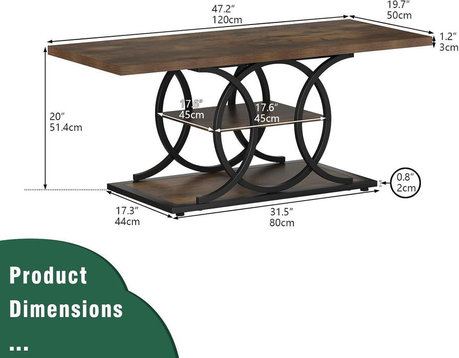 Rustic Coffee Table with Storage Industrial 3 Tier Center Living Room Table Farmhouse Wooden Rectangle Cocktail Tea Table for Office Bedroom Elegant Full Moon round Metal Frame (Brown, L-47)