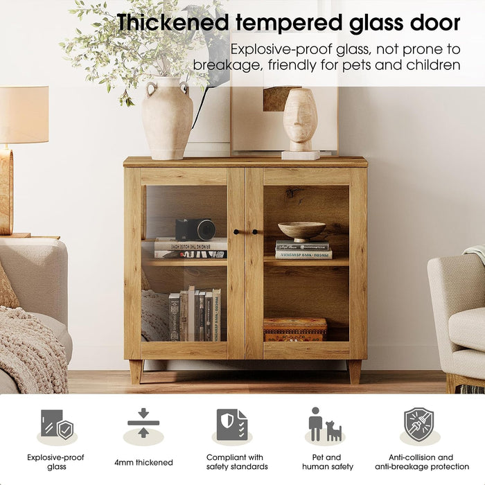 Glass Buffet Cabinet, 70.8" Modern Coffee Bar Sideboard, Oak Brown | Adjustable Shelf, Cable Management, Anti-Tip, Tempered Glass Doors, Wood Legs, Modular Storage for Dining Room Living Room