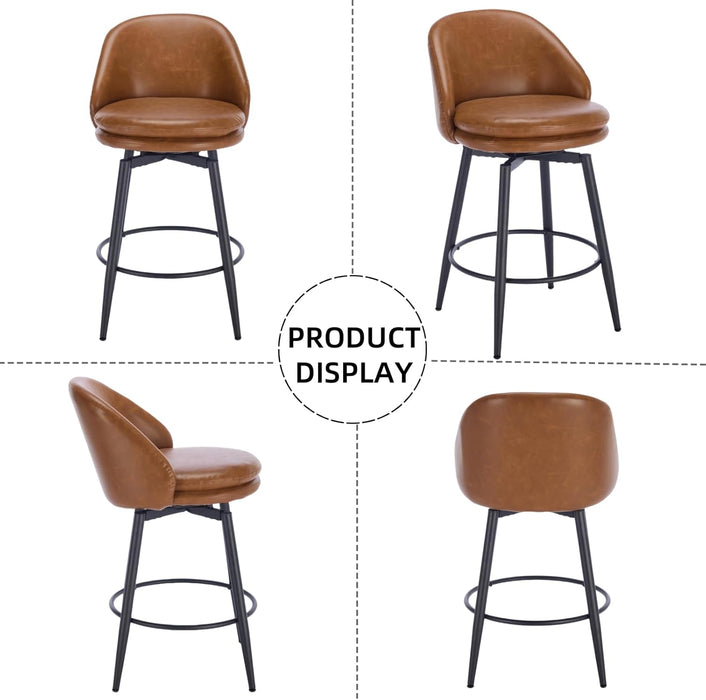 Counter Height Bar Stools Set of 2, 26 Inch Swivel Barstools with Back and Metal Legs for Kitchen Counter, Modern Upholstered Stools Island Chairs, Brown PU Leather