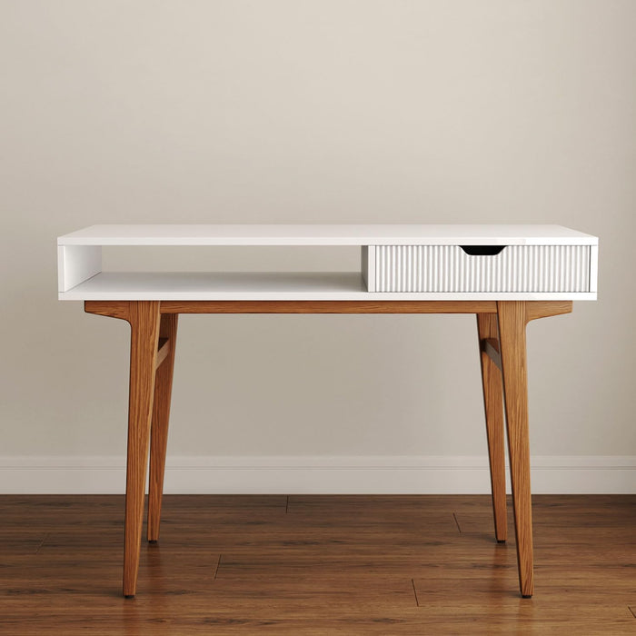 White Computer Desk with Drawers - 45 Inch Minimalist Small Solid Wood Mid-Century Modern Office Desk for Home - Boho Style Writing Table with Open Storage,Light Wooden Desk Workspace