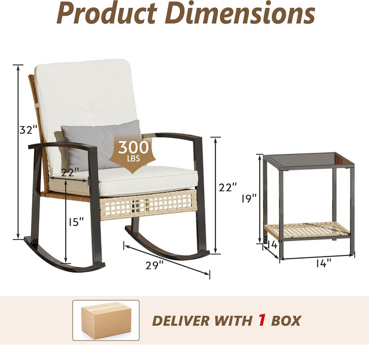 3 Piece Patio Rocking Chairs Set of 2, Outdoor Rocking Chair Bistro Set with Tempered Glass Coffee Table and Thick Lumbar Pillow Set, Front Porch Chairs for Garden, Backyard, Poolside (Beige)