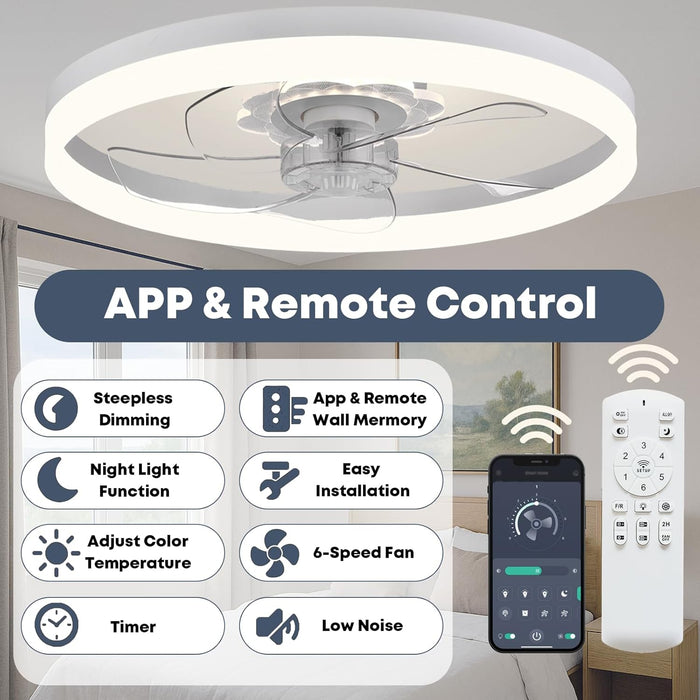 24'' Ceiling Fan with Light, Upgraded Low Profile Ceiling Fan with Light, Dimmable Flush Mount Ceiling Fan with Light, Fan Light, 6 Speeds, App & Remote Control, Quiet Fan for Bedroom, Kitchen