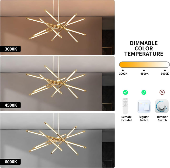 Gold Finish 12 Light LED Dimmable PendantLightFixture