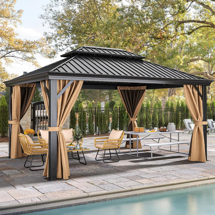 12X16Ft Gazebo Hardtop with Netting and Curtains 2-Tier Galvanized Iron Canopy, Outdoor Aluminum Frame Garden Tent for Patio, Backyard, Deck and Lawns, Brown