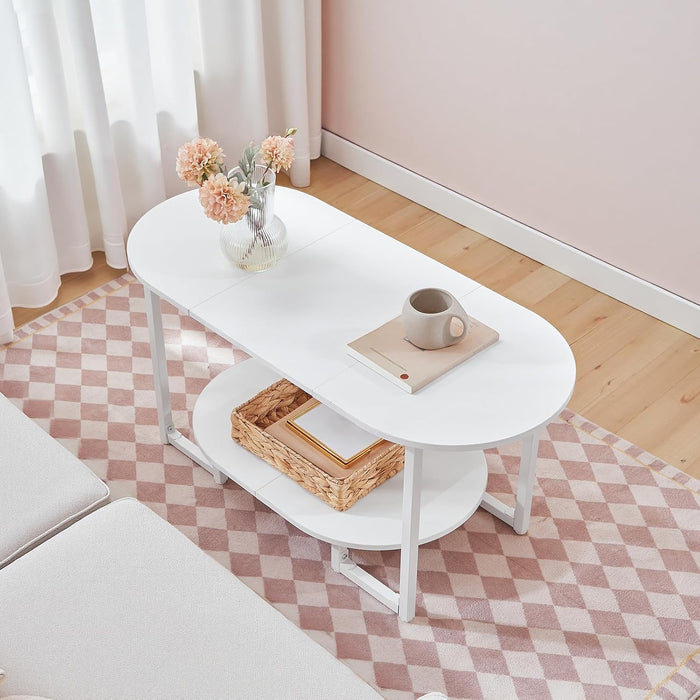 Coffee Table for Living Room, Oval Small Coffee Table with 2-Tier Open Storage Shelf, Industrial Cocktail Tea Table, Wooden Desktop Center Table, Farmhouse, Home Office, White WW09KF01