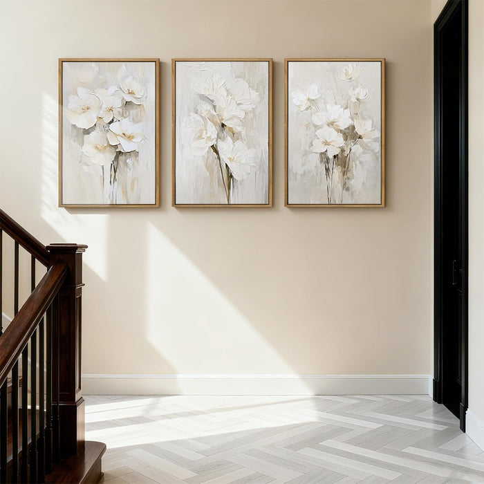 Extra Large Beige Floral Framed Wall Art 24X36 Inch Neutral White Flower Canvas Wall Art Farmhouse Wildflower Botanical Artwork for Living Room Bedroom Dining Room Set of 3