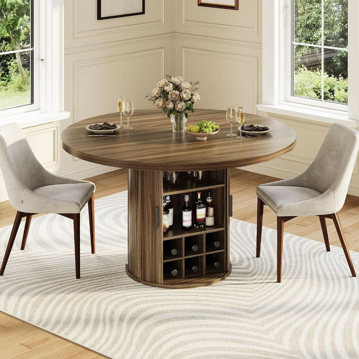 Dining Table, 47 Inch round Dinner Table for 4-6, Kitchen Tables with Storage and Wine Cabinet for Home Dining Room Living Room, Walnut