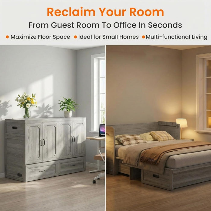 Queen Murphy Bed Grey SpaceSavingDrawer Compact Unit