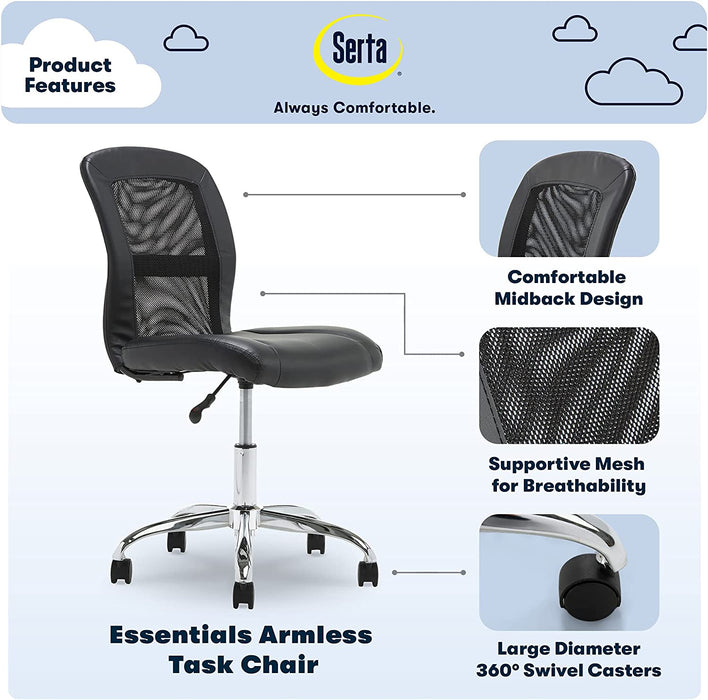 Essential Armless Deskchair, Small Task Chair with Wheels, Breathable Mesh Back, quality Foam Cushion Seat for Comfort, Functional, Lightweight and Versatile, Black