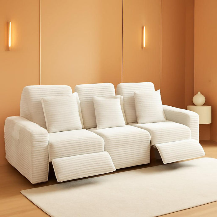 Recliner Sofa, 3 Seater Reclining Sofa with Pillows & Side Pockets, Comfy Corduroy Power Recliner Sectional Couches for Living Room, Apartment, Home Theater (White)