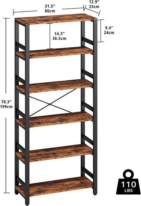 Bookshelf, 31.5" Wide 6-Tier Industrial Bookcase, Vintage Brown