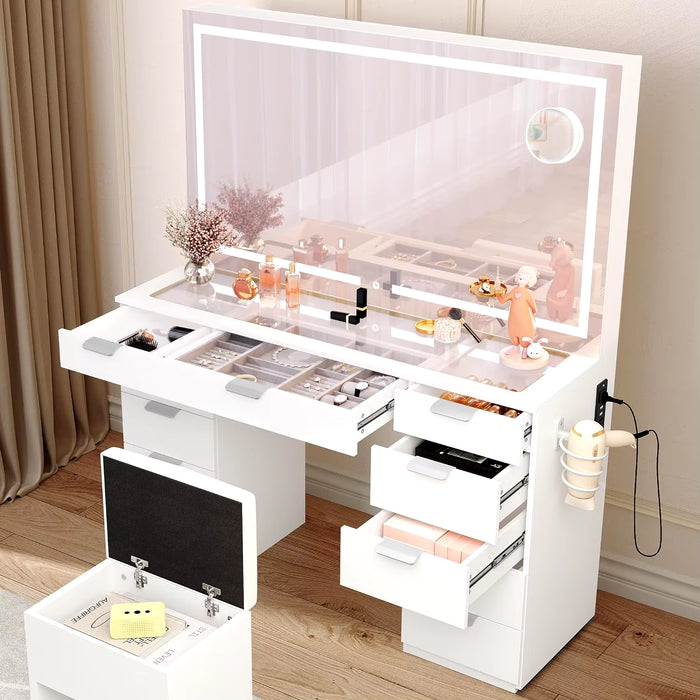 Vanity Desk Set with Large LED Lighted Mirror & Power Outlet Glass Top Vanity with 11 Drawers and Magnifying Glass 46'' Large