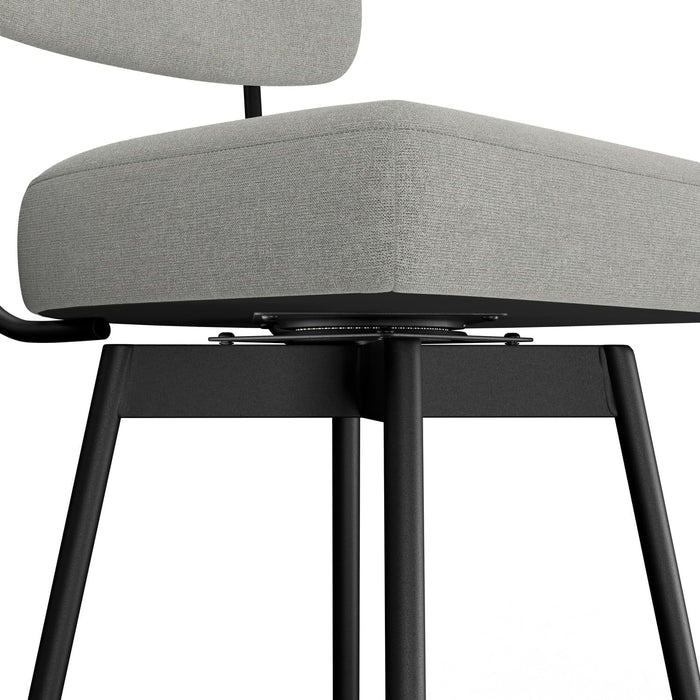 Giselle Swivel Bar Stools (Set of 2) - 29 Inch Seat Height Upholstered Metal Chairs in Light Grey Polyester Linen, Contemporary Seating for Kitchen or Bar with Cushioned Seat and Back