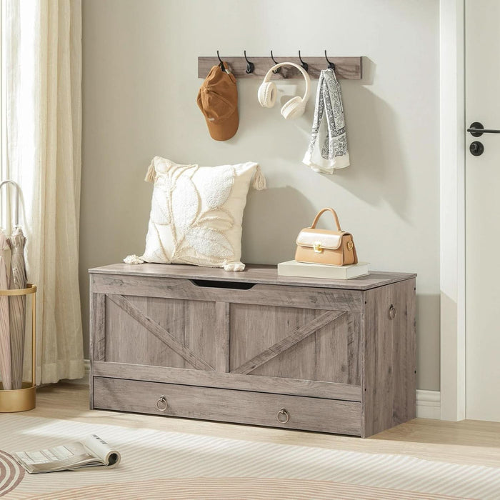 Storage Chest, 43.3" Toy Chest with Drawer, Wooden Storage Bench, Sturdy Entryway Bench Supports 220 Lb, Shoe Bench, Safety Hinge, U-Shaped Opening, Easy Assembly, Greige BG711CW01G1