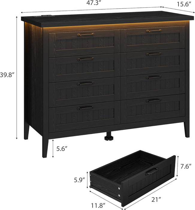Black Dresser for Bedroom, 8 Drawer Dresser with LED Lights and Power Outlet, Closet Dressers Chests of Drawers, Double Wooden Dressers for Entryway, Hallway