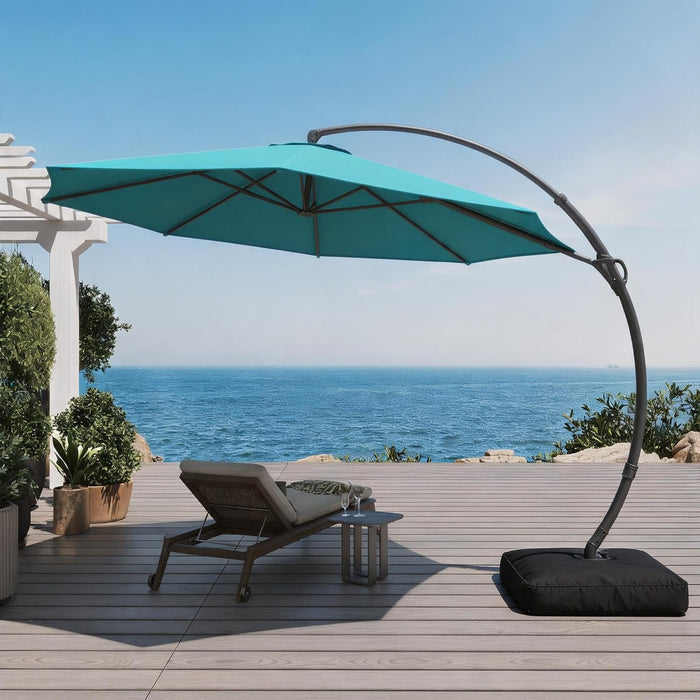 Outdoor Patio Umbrella with Base, 11 FT Deluxe Curvy Cantilever Umbrella Heavy Duty Offset Hanging Umbrella with 360° Rotation for Market, Pool, Garden, Backyard, Deck (Turquoise Blue)
