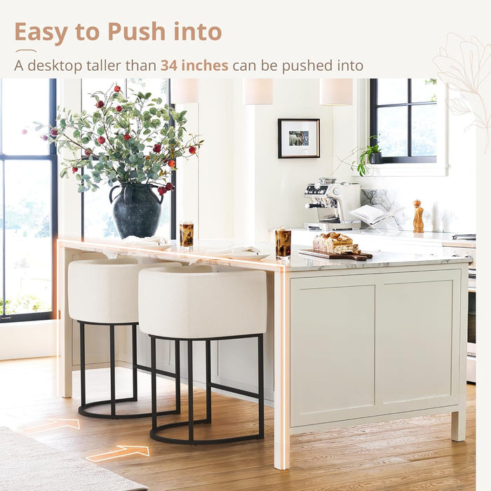 27" H Counter Height Bar Stools Set of 4, Modern Barrel Counter Stools with Backrest and Arms, Black Metal Frames, Linen Fabric Upholstered Accent Barstools for Kitchen Island, Beige - ShipItFurniture