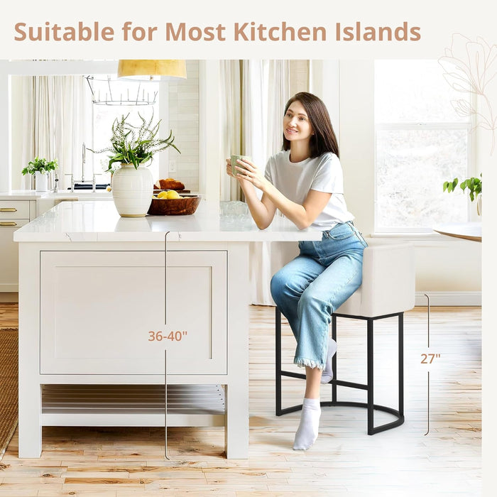 27" H Counter Height Bar Stools Set of 4, Modern Barrel Counter Stools with Backrest and Arms, Black Metal Frames, Linen Fabric Upholstered Accent Barstools for Kitchen Island, Beige - ShipItFurniture