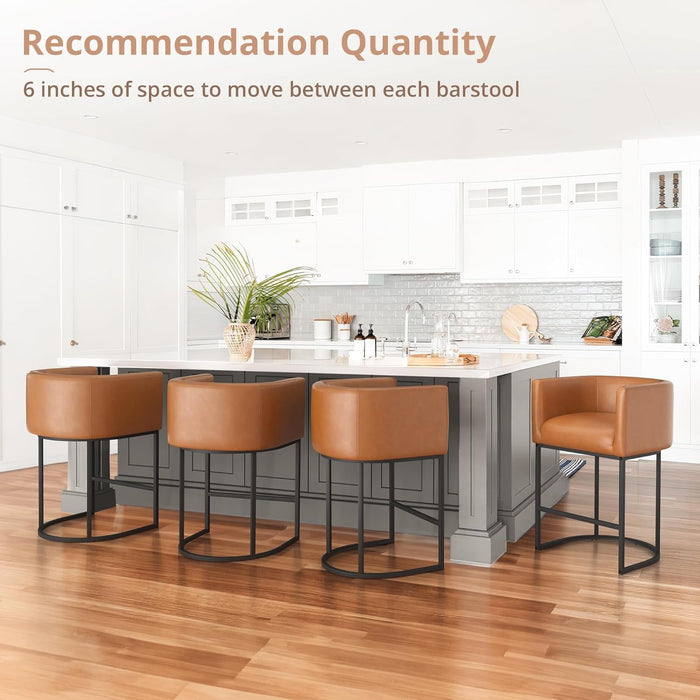 27" H Counter Height Bar Stools Set of 4, Modern Barrel Counter Stools with Backrest and Arms, Black Metal Frames,Faux Leather Upholstered Accent Barstools for Kitchen Island,Yellowish Brown - ShipItFurniture