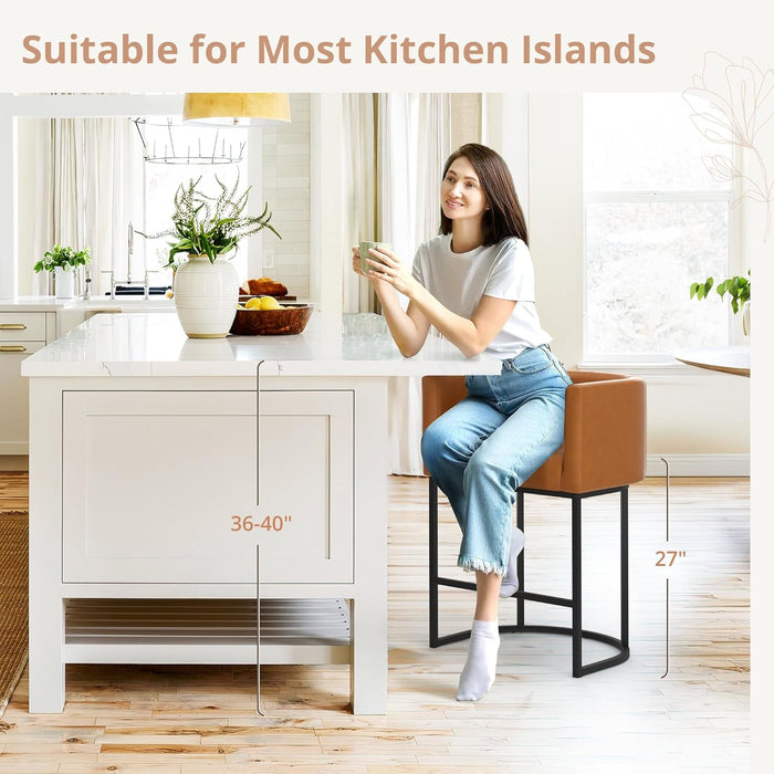 27" H Counter Height Bar Stools Set of 4, Modern Barrel Counter Stools with Backrest and Arms, Black Metal Frames,Faux Leather Upholstered Accent Barstools for Kitchen Island,Yellowish Brown - ShipItFurniture