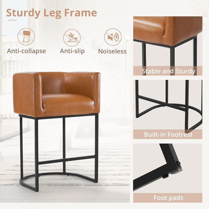 27" H Counter Height Bar Stools Set of 4, Modern Barrel Counter Stools with Backrest and Arms, Black Metal Frames,Faux Leather Upholstered Accent Barstools for Kitchen Island,Yellowish Brown - ShipItFurniture