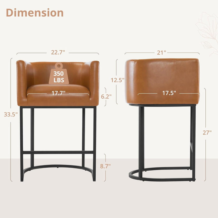 27" H Counter Height Bar Stools Set of 4, Modern Barrel Counter Stools with Backrest and Arms, Black Metal Frames,Faux Leather Upholstered Accent Barstools for Kitchen Island,Yellowish Brown - ShipItFurniture