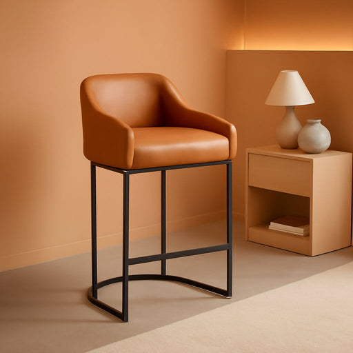 27" H Counter Height Bar Stools Set of 4, Modern Barrel Counter Stools with Backrest and Arms, Black Metal Frames,Faux Leather Upholstered Accent Barstools for Kitchen Island,Yellowish Brown - ShipItFurniture