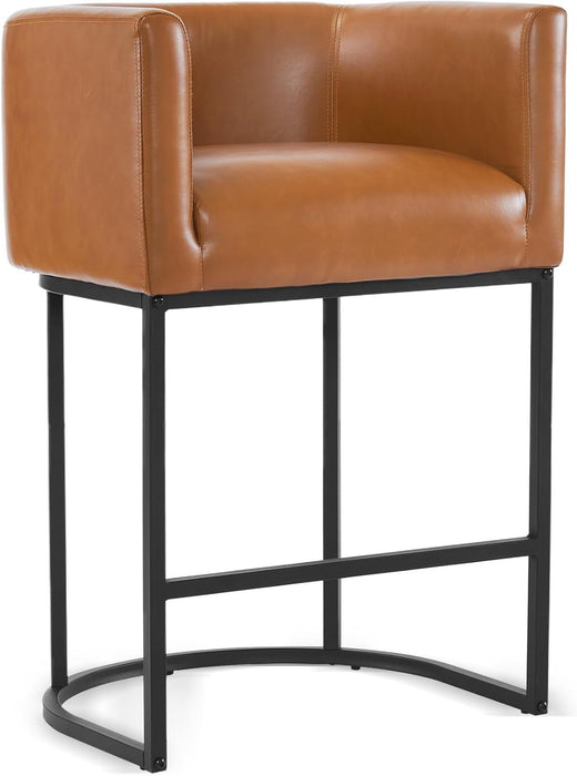 27" H Counter Height Bar Stools Set of 4, Modern Barrel Counter Stools with Backrest and Arms, Black Metal Frames,Faux Leather Upholstered Accent Barstools for Kitchen Island,Yellowish Brown - ShipItFurniture