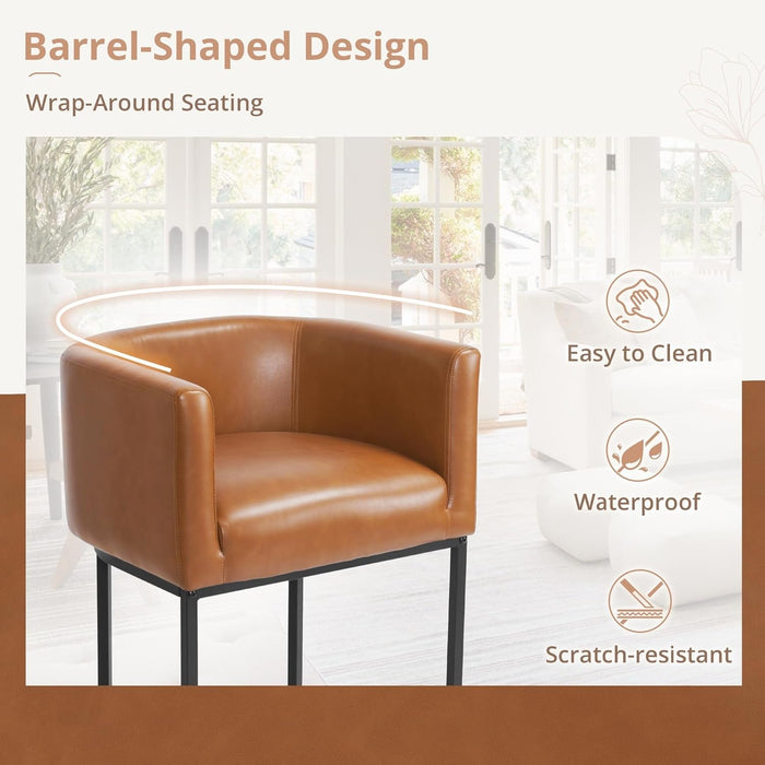 27" H Counter Height Bar Stools Set of 4, Modern Barrel Counter Stools with Backrest and Arms, Black Metal Frames,Faux Leather Upholstered Accent Barstools for Kitchen Island,Yellowish Brown - ShipItFurniture