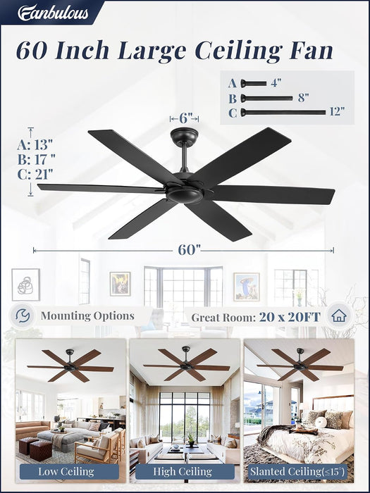 60 Inch Matte Black Ceiling Fan With Remote Included