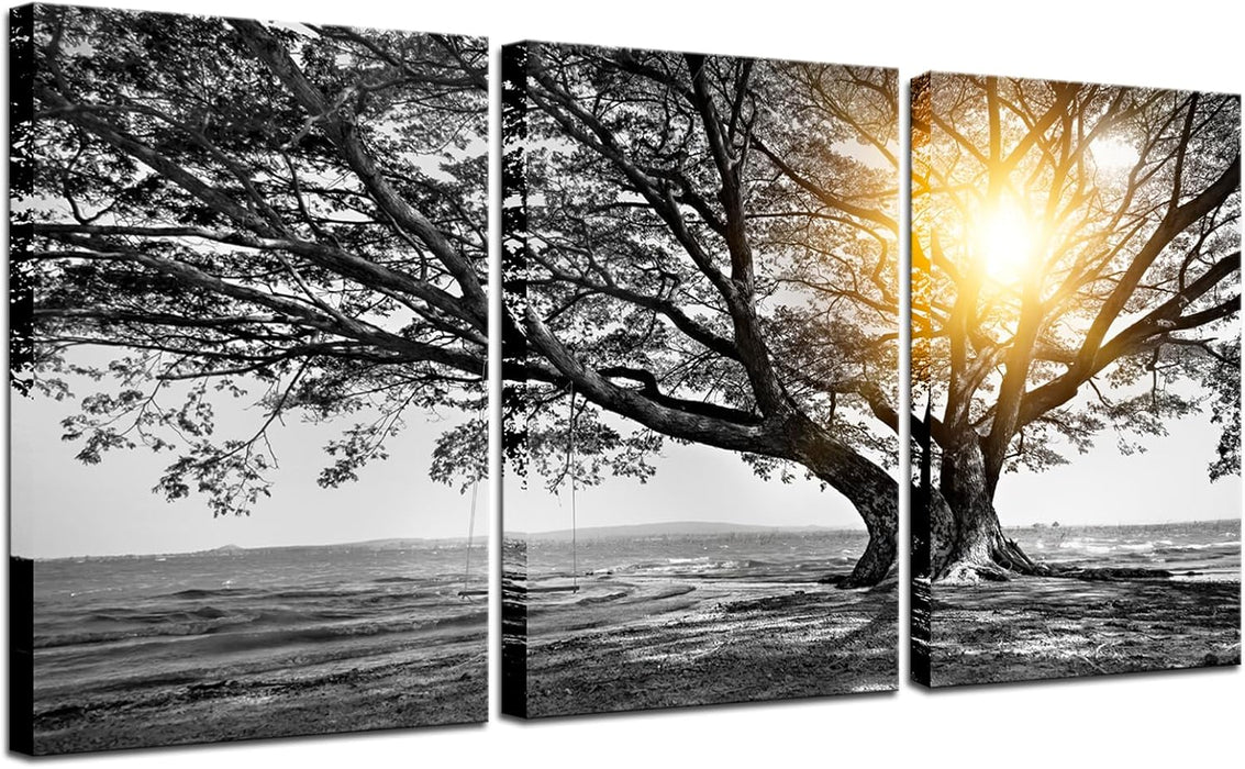 3 Piece Wall Art Black White Tree at Warm Sunrise Landscape Picture Photo Canvas Prints Nature Tree of Life Painting for Home Office Living Room Decor Stretched and Framed Ready to Hang