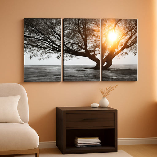 3 Piece Wall Art Black White Tree at Warm Sunrise Landscape Picture Photo Canvas Prints Nature Tree of Life Painting for Home Office Living Room Decor Stretched and Framed Ready to Hang