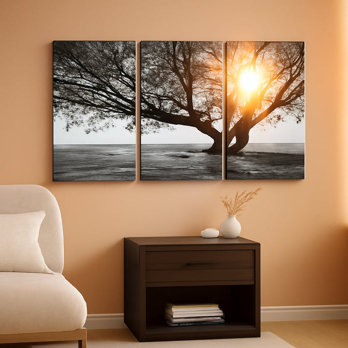 3 Piece Wall Art Black White Tree at Warm Sunrise Landscape Picture Photo Canvas Prints Nature Tree of Life Painting for Home Office Living Room Decor Stretched and Framed Ready to Hang