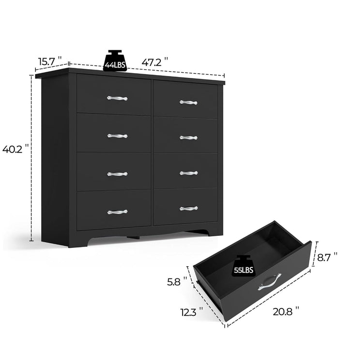 Modern 8 Drawer Dresser for Bedroom, Tall Bedroom Dresser with Large Drawers and Metal Handles, Wooden Chest of Drawers, Storage Cabinet and Organizer for Living Room, Hallway, Black
