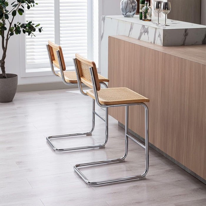 Rattan Bar Stools Set of 4, 24 Inch Modern Counter Stools with Cane Back, Low Back Barstools with Cane Seat, Counter Height Chairs with Metal Legs for Kitchen Island, Yellow