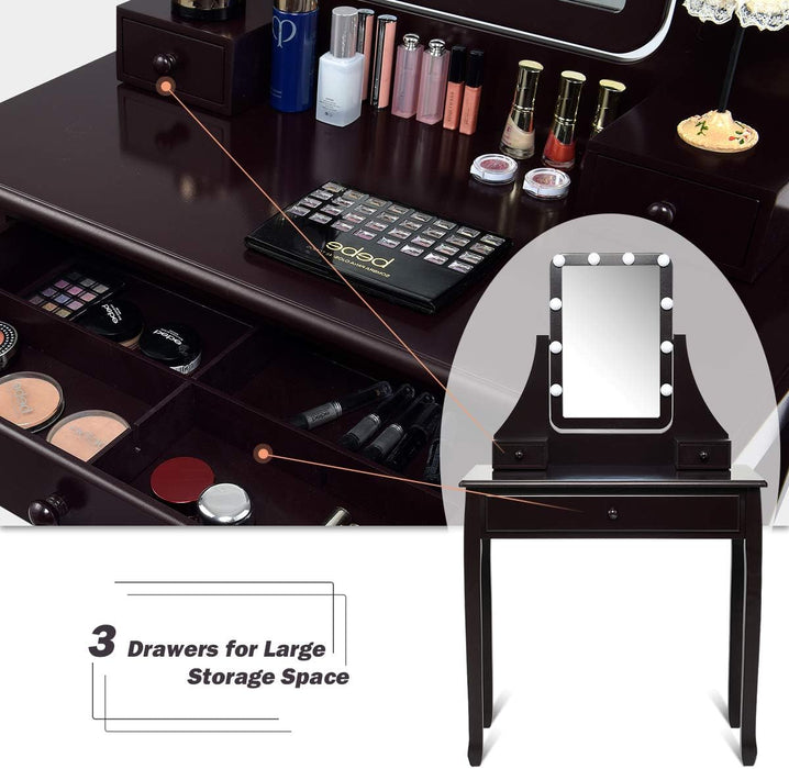 Vanity Set with Lighted Mirror, Makeup Table with 10 LED Dimmable Bulbs, 3 Drawers, 2 Dividers, Modern Bedroom Dressing Table Vanity Desk with Stool for Women Girls (Espresso)