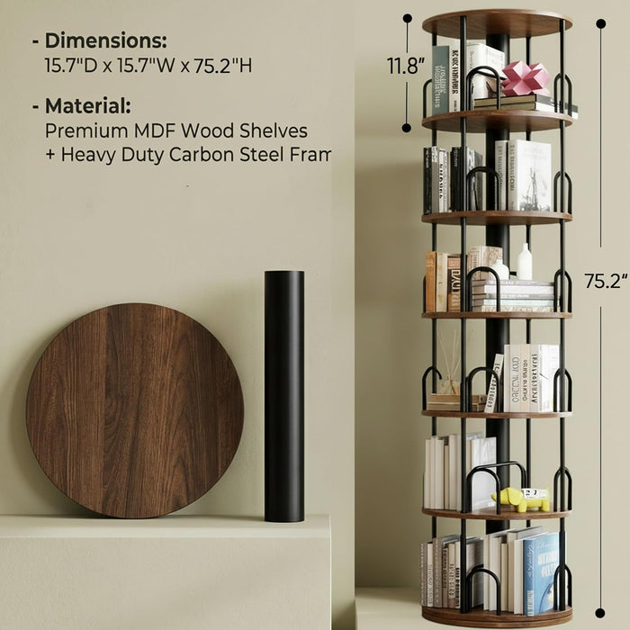 6 Tier Rotating Bookshelf Tower, 360° Revolving Spinningbookcase