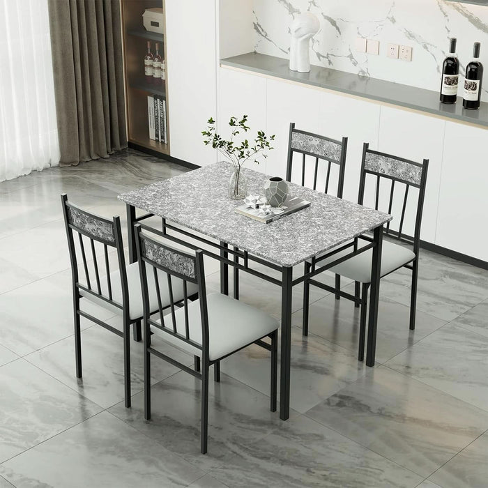 5 Piece Dining Table Set for 4, Faux Marble Kitchen Table and Chairs Set of 4, Vintage Rectangular Dining Room Table with Cushion Padded Seat, Metal and Wood Dining Set Kitchen Furniture, Grey