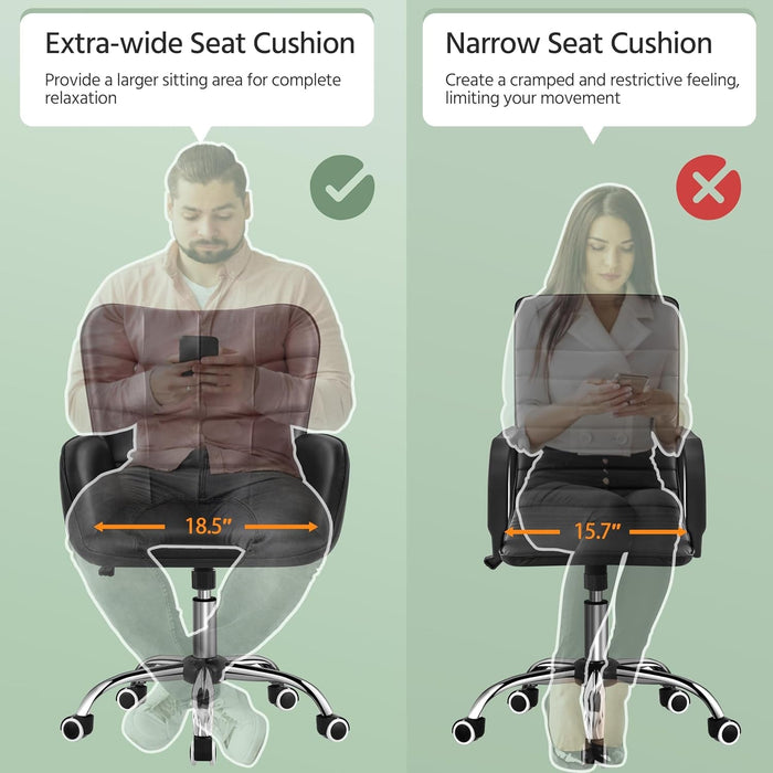 Faux Leather Office Chair Modern Vanity Chair Ergonomic Adjustable Computer Chair with Wide Seat, Padded Armrests for Living Room, Bedroom Black