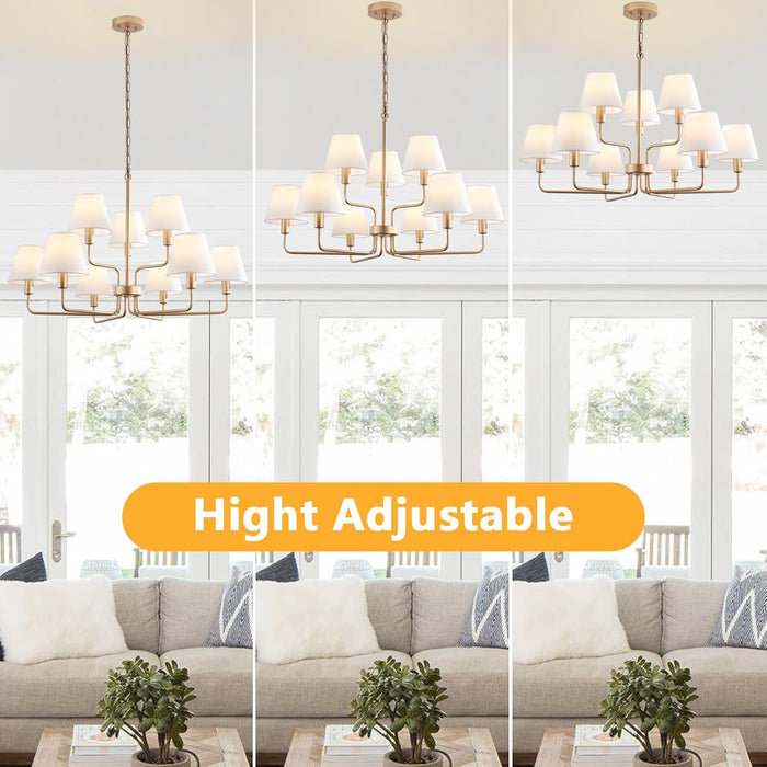 33" Gold Chandelier for Dining Room Light Fixture with White Fabric Shades, 9-Light Brass Modern Farmhouse 2 Tiered High Ceiling Lantern Chandelier Pendant Light for Foyer Entryway Living Room Kitchen