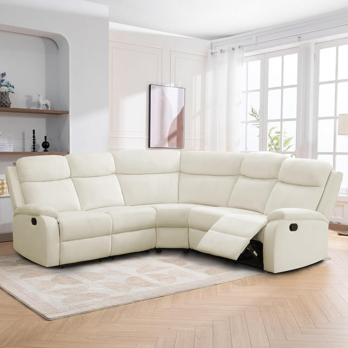 Flannel Recliner Sectional Sofa,Manual Reclining Sectional Couch,Off-White Living Room Furniture Set,5 Seats Recliner Couch for Home Office Apartment Bedroom