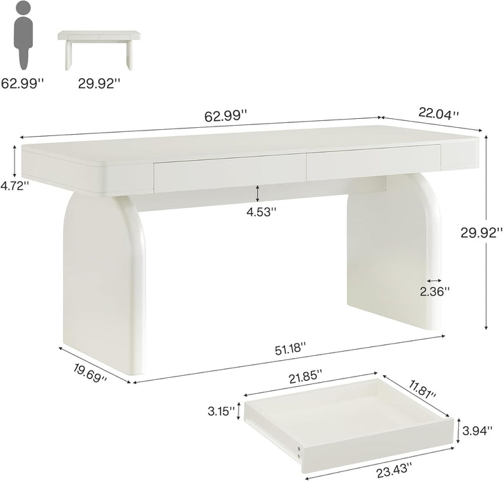 White Desk with Drawers, 63-Inch Modern Executive Office Desk, Glossy Elegant Work Study Writing Table for Home Office, Cream White