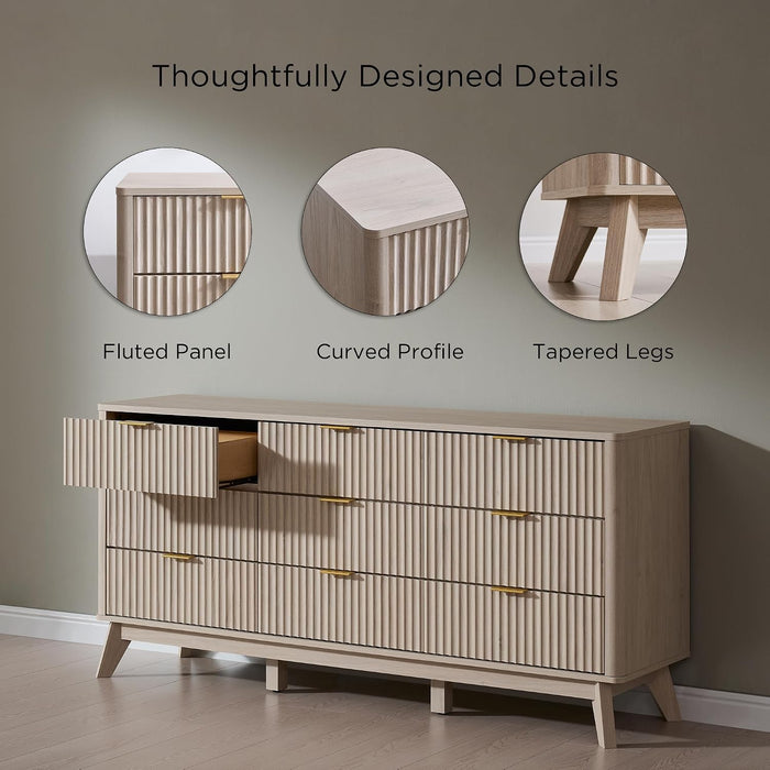 63" Wide Fluted 9 Drawer Dresser for Bedroom, White Alder