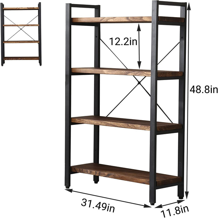 Solid Wood Bookshelf,4 Tier Rustic Vintage Industrial Etagere Bookcase, Open Metal and Wood Vintage Book Shelf, Retro Brown (Realwood)(4-Tier)